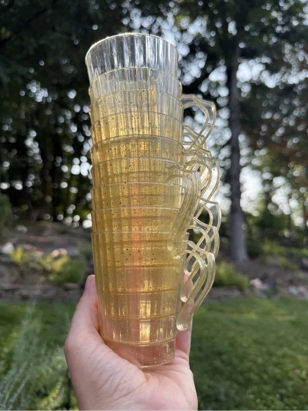 9 Vintage MCM Yellow Clear Glitter Plastic Cups Handles 60s70s EUC Retro Kitchen